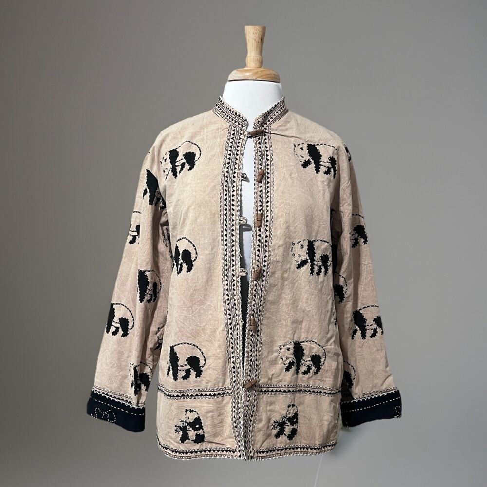 Panda Bear Jacket Womens Large ? Reversible Cotton Tan Black Embroidered